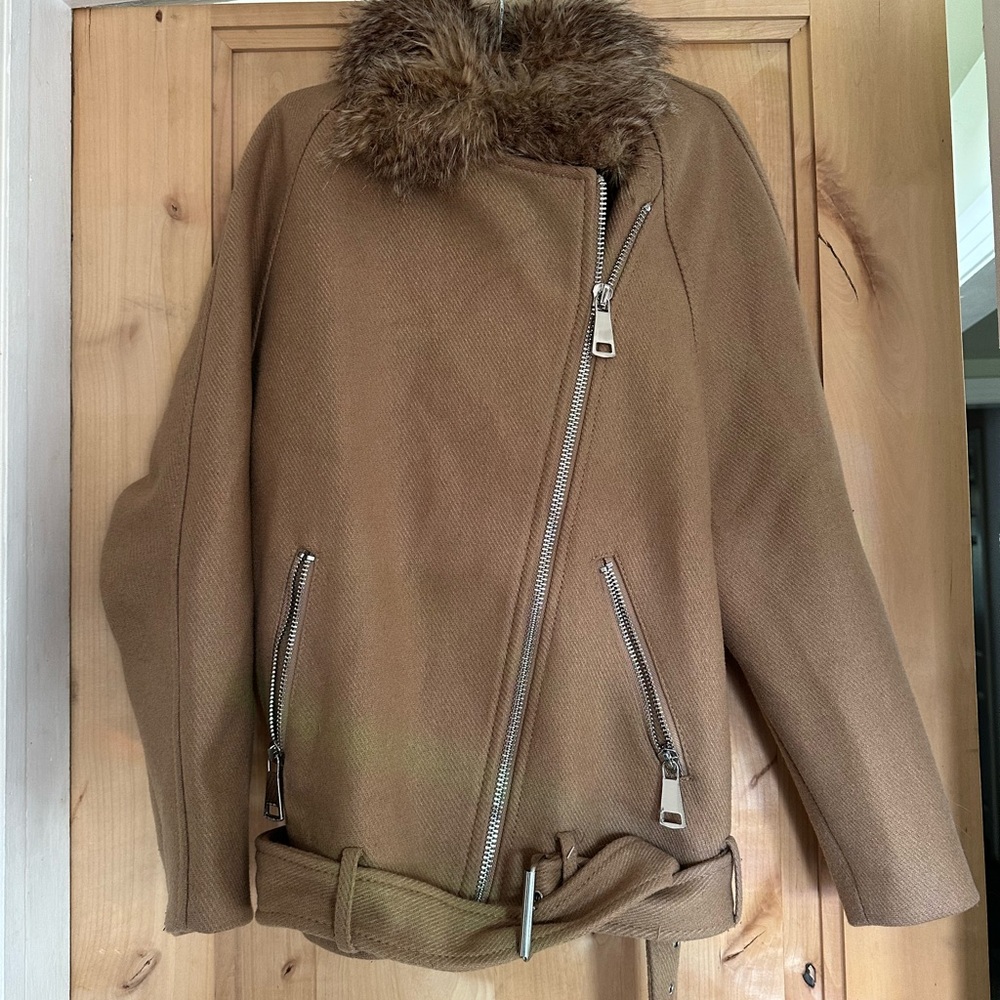 H&M Beige Faux Fur Collar oversized aviator coat